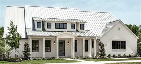 image of white brick house with metal roof|exterior brick metal roof.